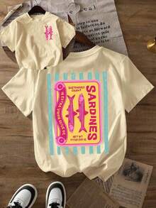 Camiseta de Verano con Estampado Gráfico de Sardinas, Manga Corta, Cuello Redondo, Top Casual para Mujer para Verano y Primavera, Ropa de Mujer - Albaricoque - Ver 1