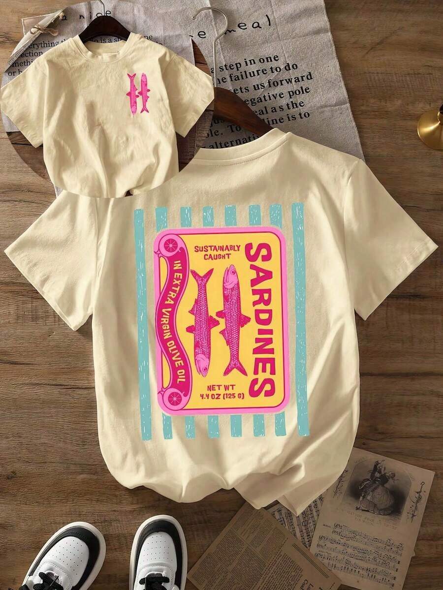 Camiseta de Verano con Estampado Gráfico de Sardinas, Manga Corta, Cuello Redondo, Top Casual para Mujer para Verano y Primavera, Ropa de Mujer - Albaricoque - Ver 1