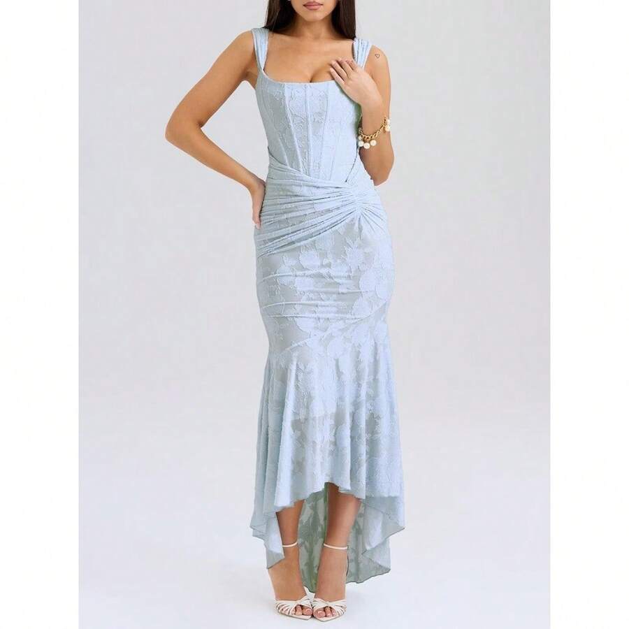 Solid Color Party Dress, Low Neck, Sleeveless, Elegant Fitted Cut, New Spring-Summer Collection For Women - 藍色 - 查看 1