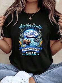 Women's Cotton T-Shirts Alaska Cruise Making Memories Together 2026, T-Shirt For Women And Men, Family Vacation Souvenir, Gift, Summer Travel Shirt With Bear And Boat Design, Women's Basic Blouses. - 黑色 - 查看 1
