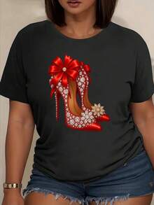Camiseta de manga corta con cuello redondo para mujer, con estampado de zapatos rojos de tacón alto, ropa de mujer, top casual de manga corta y cuello redondo para primavera y verano. - Negro - Ver 2