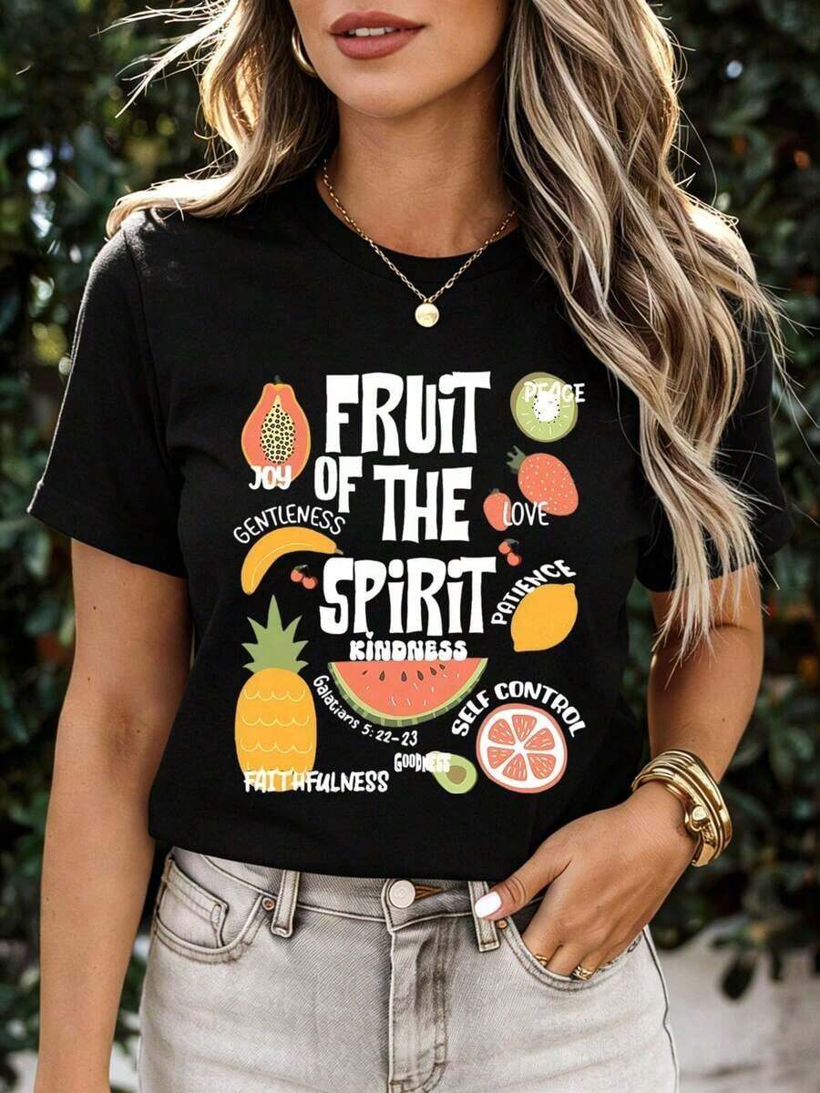 Casual T-Shirt With Graphic Print "Fruit Of The Spirit", Bible Verse And Fruits, White, Casual Summer Top For Women, Fashion - 黑色 - 查看 1