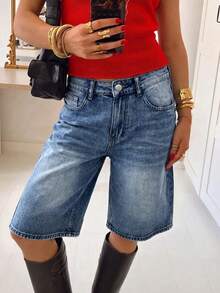 Retro Sweet Design Loose Casual 5-Inch Denim Shorts For Women - Dark Wash - View 4