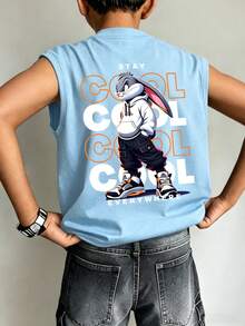 1pc Teen Boys Sleeveless Round Neck Tank Top, Printed With Rabbit "Judy" Pattern, Summer New Comfortable Casual Top - Baby Blue - View 1