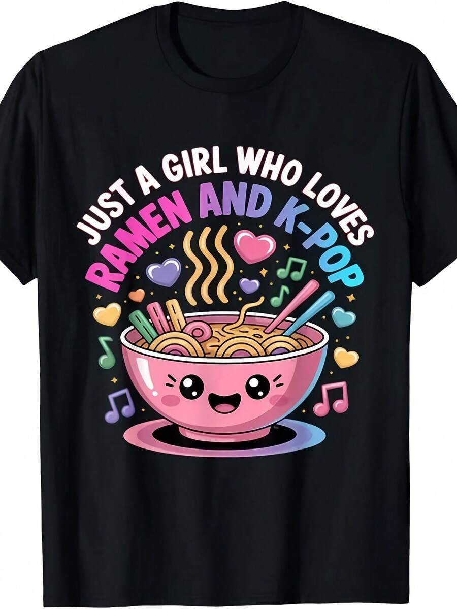 Camiseta Estampada para Mujer con Colorido Gráfico de Ramen y K-- Camiseta Casual de Manga Corta y Cuello Redondo en Negro. Con un Corte Relajado para Todas las Estaciones, Perfecta para el Uso Diario y Atuendos de Vacaciones, Lavable aáquina. - Negro - Ver 1