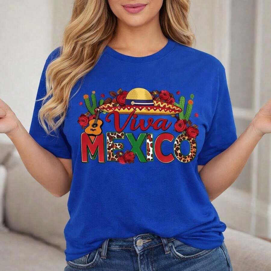 Women's Casual T-Shirt With Viva Mexico Graphic Print, Short Sleeve Cotton T-Shirt With Floral Hat And Cactus Print, Loose Fit, Summer Top For Mexican Fiesta, Fashion Clothing - 藍色 - 查看 1