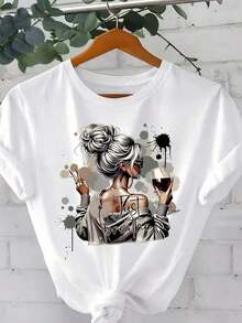 Women's Casual T-Shirt With Wine Print, White, Round Neck, Casual Cotton T-Shirt, Medium Elasticity Knit Fabric, Regular Fit For Women, For Spring/Summer/Autumn, 100% Cotton, Durable - 白色 - 查看 1
