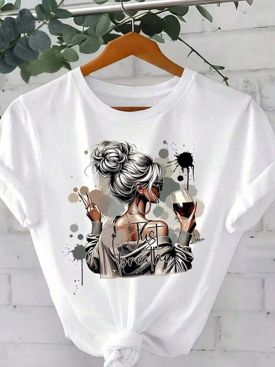 Women's Casual T-Shirt With Wine Print, White, Round Neck, Casual Cotton T-Shirt, Medium Elasticity Knit Fabric, Regular Fit For Women, For Spring/Summer/Autumn, 100% Cotton, Durable - 白色 - 查看 1