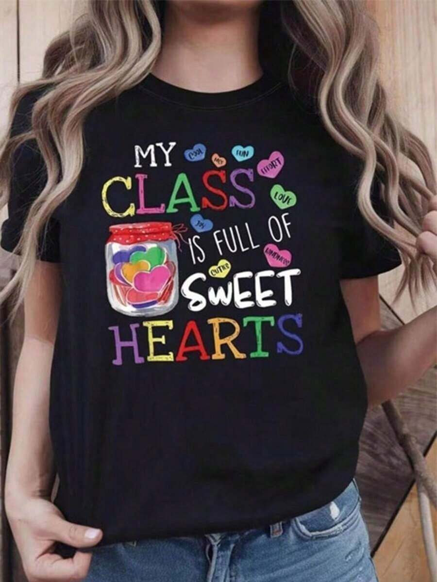 Under The RadarCamiseta negra de moda para mujer, múltiples especificaciones disponibles, material de poliéster, bonito diseño gráfico con temática de corazón, adecuada para uso diario, salidas informales, elegante y cómoda, una mujer con jeans azules usándola-Vintage Street Style Unisex Loose Cotton Short Sleeve Crew Neck T-Shirt - Negro - Ver 1