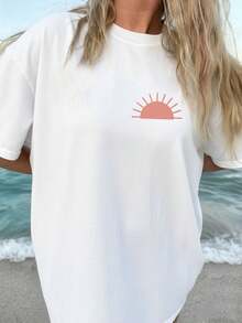Women's Spring/Summer Clothing With Double-Sided Print, Vintage Style Top For Women, Sun And Beach Design, "Take Me To The Beach" Print, Versatile Short Sleeve, Drop Shoulder, Oversized T-Shirt, Women's Winter Clothing. - 白色 - 查看 3