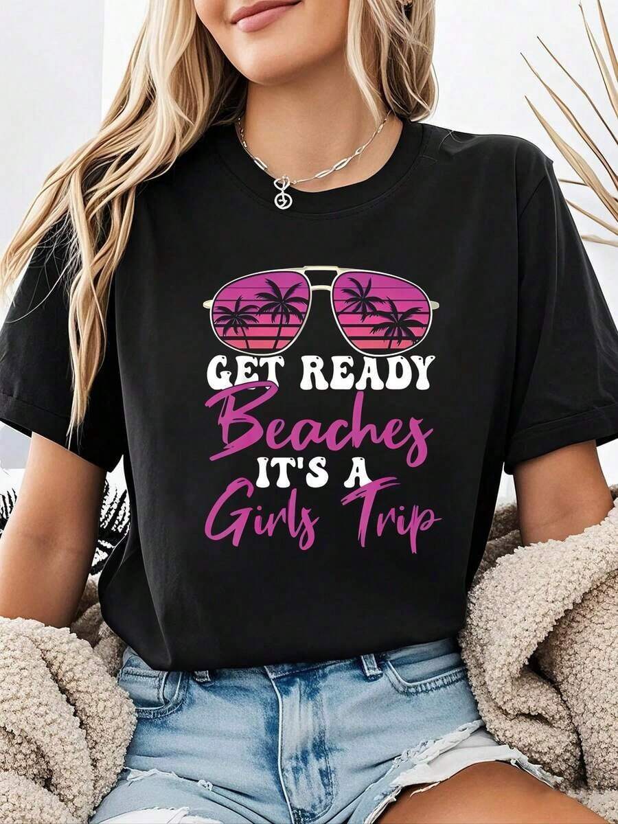 "Viaje a la Playa con la Mejor Amiga" ¡PREPÁRATE! Playas, ES UN VIAJE DE CHICAS. Camiseta de Mujer con Estampado de Letras, Cuello Redondo, Estilo Dulce y Fresco, Temática de Viajes y Vacaciones, para Primavera y Verano.blusas para mujer>ropa - Negro - Ver 1