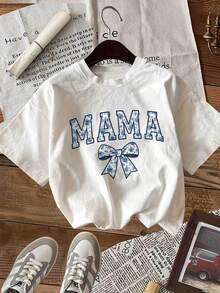 Camiseta Casual de Moda para Mujer, Primavera/Verano, con Estampado de Letras y Lazos Estilo Cartoon, Cuello Redondo, Manga Corta - Blanco - Ver 5