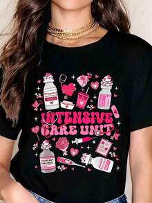 Camiseta Gráfica de la Unidad de Cuidados Intensivos con Diseño de Temática Médica y de Amor para Mujer, con Estampado de Corazón Rosa, Estetoscopio, Pastillas y Medicamentos, Estilo Casual. - Negro - Ver 1