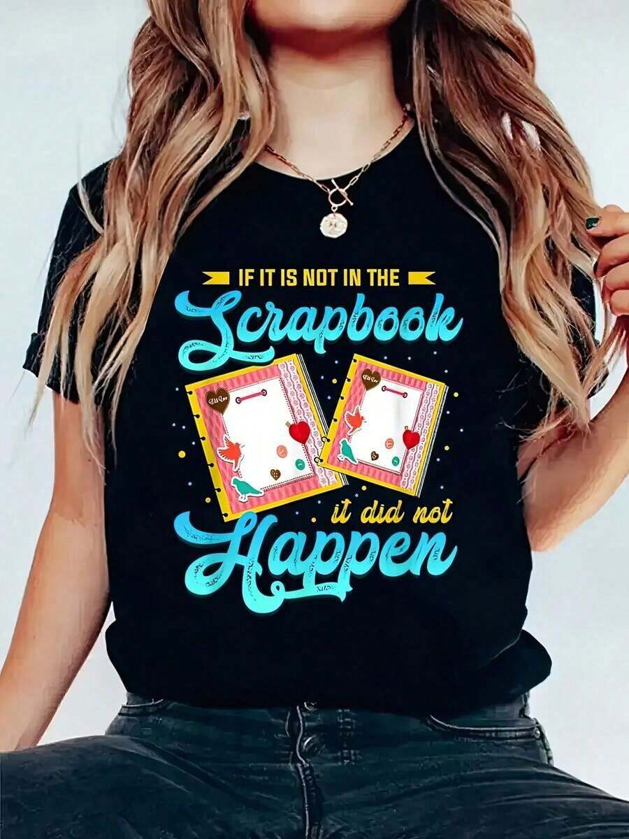 Camiseta casual de manga corta con cuello redondo y estampado gráfico, perfecta para el verano y la primavera, diseñada para mujeres. - Negro - Ver 1