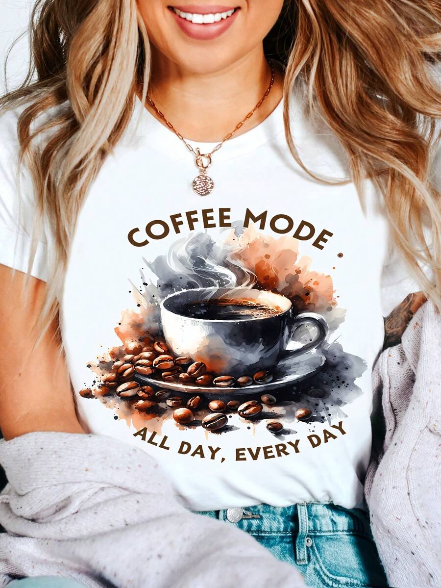 1 camiseta estampada con temática de café, adecuada para amantes del café, un regalo para fanáticos del café, que te permite mostrar tu estilo cafetero todos los días. 180g 100% Algodón. - Blanco - Ver 1
