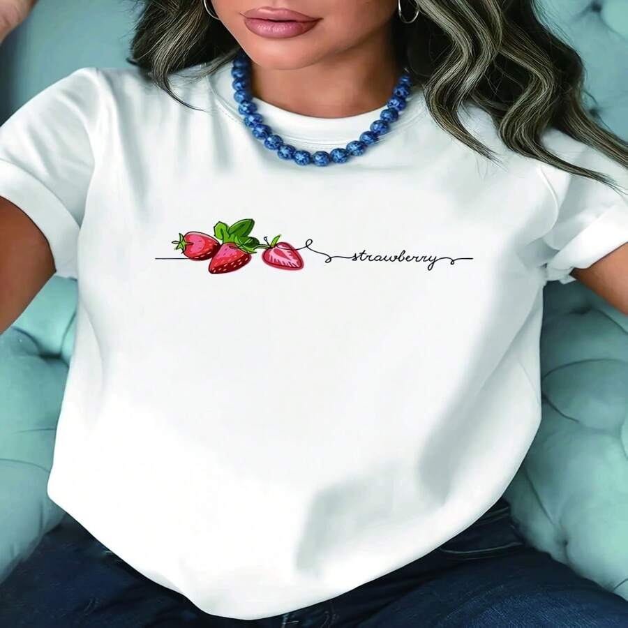 Women's White Cotton Round Neck Short Sleeve T-Shirt With Strawberry Graphic Print Sexy Casual Elegant Regular Fit Top - 白色 - 查看 1