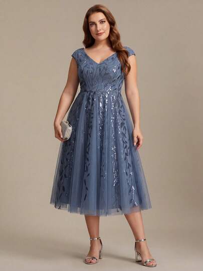 EVERPRETTY Đầm dạ hội mùa hè cỡ lớn sang trọng màu xanh nhạt họa tiết hoa lá đính sequin, không tay, cổ chữ V, dáng midi, lấp lánh, phù hợp cho tiệc tùng, dạ hội, cocktail, bán trang trọng.