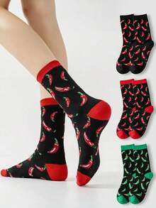 1/3 Pairs Unisex Cartoon Chili Pepper Mid-Calf Socks, New Versatile All-Season Design, Comfortable Soft Casual Socks For Women, Sports Socks For Men, Suitable For Daily Wear - Multicolor - View 1