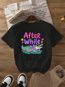 Más tarde, aparecieron camisetas con estampado de cocodrilo, de manga corta, cuello redondo, estilo casual, para primavera y verano, ropa de mujer. - Negro - Ver 6