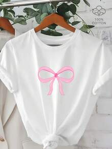 Women's Casual Graphic Tee With Pink Bow - Soft And Breathable Minimalist Style T-Shirt, Casual And Formal Blouse, Machine Washable, Essential For Everyday Wear All Year Round, Versatile Shirt To Wear In Layers Or As Part Of Outfits. - 白色 - 查看 7