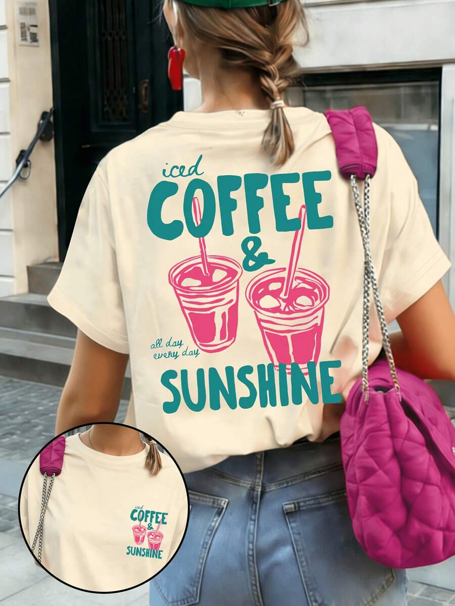 Women's Mexican Fashion Basic T-Shirt, Round Neck, Coffee Cup Print, Front And Back Pattern Design, Comfortable And Breathable Fabric, Cool Summer T-Shirt, Regular Fit, Suitable For Everyday Wear And Vacations. New Release. - 杏色 - 查看 1