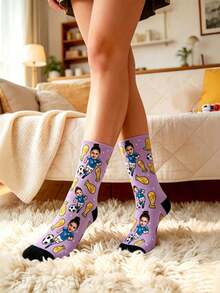 Custom Face Photo Over-The-Knee Socks, Personalized Fun Football Pattern Socks, Back To School Essential, Campus Accessory, Gift For Her - Mauve Purple - View 3