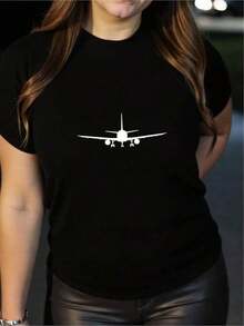 Unique T-Shirt With A Minimalist Y2K Airplane Design, Perfect For Travel Lovers And Contemporary Fashion Enthusiasts. Ideal For Showing Your Passion For Aviation. Available In Black. Comfortable And Versatile For Any Occasion. - 黑色 - 查看 1