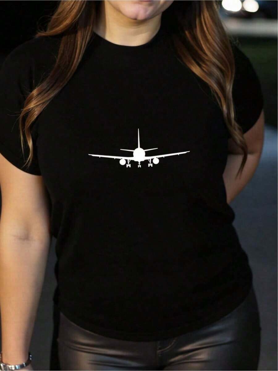 Unique T-Shirt With A Minimalist Y2K Airplane Design, Perfect For Travel Lovers And Contemporary Fashion Enthusiasts. Ideal For Showing Your Passion For Aviation. Available In Black. Comfortable And Versatile For Any Occasion. - 黑色 - 查看 1