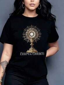 FashionNEW Women's Black T-Shirt With Corpus Christi Monstrance Design, Catholic Religious Style - Vintage Street Style Unisex Loose Cotton Short Sleeve Crew Neck T-Shirt - 黑色 - 查看 2