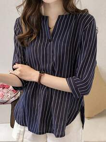 Women's Striped Round Neck Blouses For Petite Women, New Korean Style Three-Quarter Sleeve Shirt For Summer, Loose Casual Shirt. - 深藍色 - 查看 4