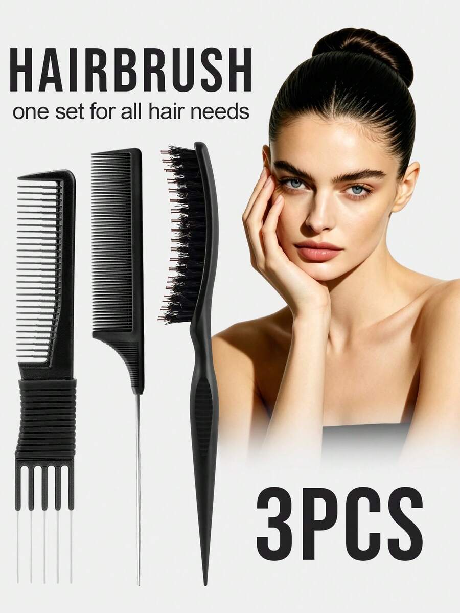 3 Pieces Pick Teasing Combs Hair Brush Set Includes Carbon Lift With Metal Prong, Three-Row Comb, The Curved Design Better Follows The Contours Of The Head, Rat Tail Comb Can Work With Your Hairdryer, Help You Section And Separate The Hair Quickly - Multicolor - View 1