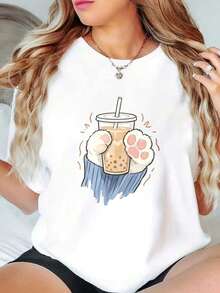 Women's Printed T-Shirt With A Modern And Minimalist Design Of Cat Paws Holding A Cup Of Milk Tea, White, Short-Sleeved, Suitable For All Seasons, For Everyday Clothing Combinations, Informal Meetings And Daily Casual Wear. - 白色 - 查看 1