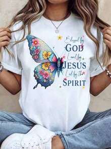 Women's Soft, Round-Neck T-Shirt With A Floral Butterfly Design And "By God Loved By Jesus Led By The Spirit" Print. This Short-Sleeved T-Shirt Is Perfect For Everyday Wear. It's A Casual, Everyday Style. Also Available In A Variety Of Other Styles, Including Short-Sleeved T-Shirts, Graphic Tees, And Summer Tops. - 白色 - 查看 7