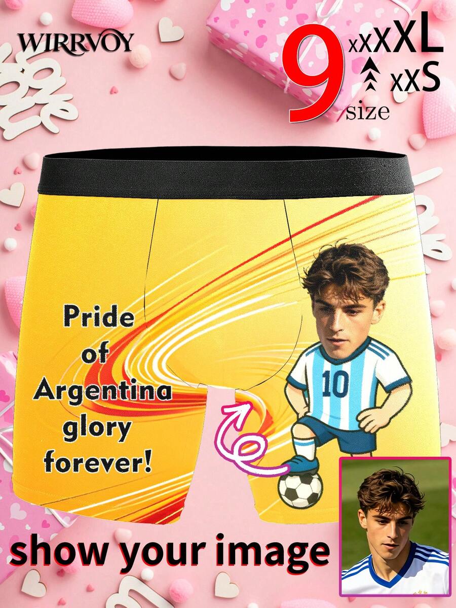 1pc Custom Photo Face Men's Boxer Briefs, Personalized Football Star Cartoon Underwear, Yellow Gradient Print Trunks, Customizable Text & Photo Shorts - Yellow - View 1