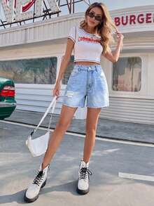 Shorts vaqueros desgastados y rotos de estilo casual Mobula, versátiles para la moda de primavera/verano, cómodos para el uso diario, los viajes y el aeropuerto - Azul - Ver 3