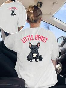 New 2026 Collection: Cotton T-Shirt With Front And Back Print, Featuring Small Beasts And French Bulldog Motifs, Round Neck, Short Sleeve, Casual Style For Women, Comfortable Fit, Classic Design, Fashion Item, Double-Sided Print Women's Top. - 白色 - 查看 1