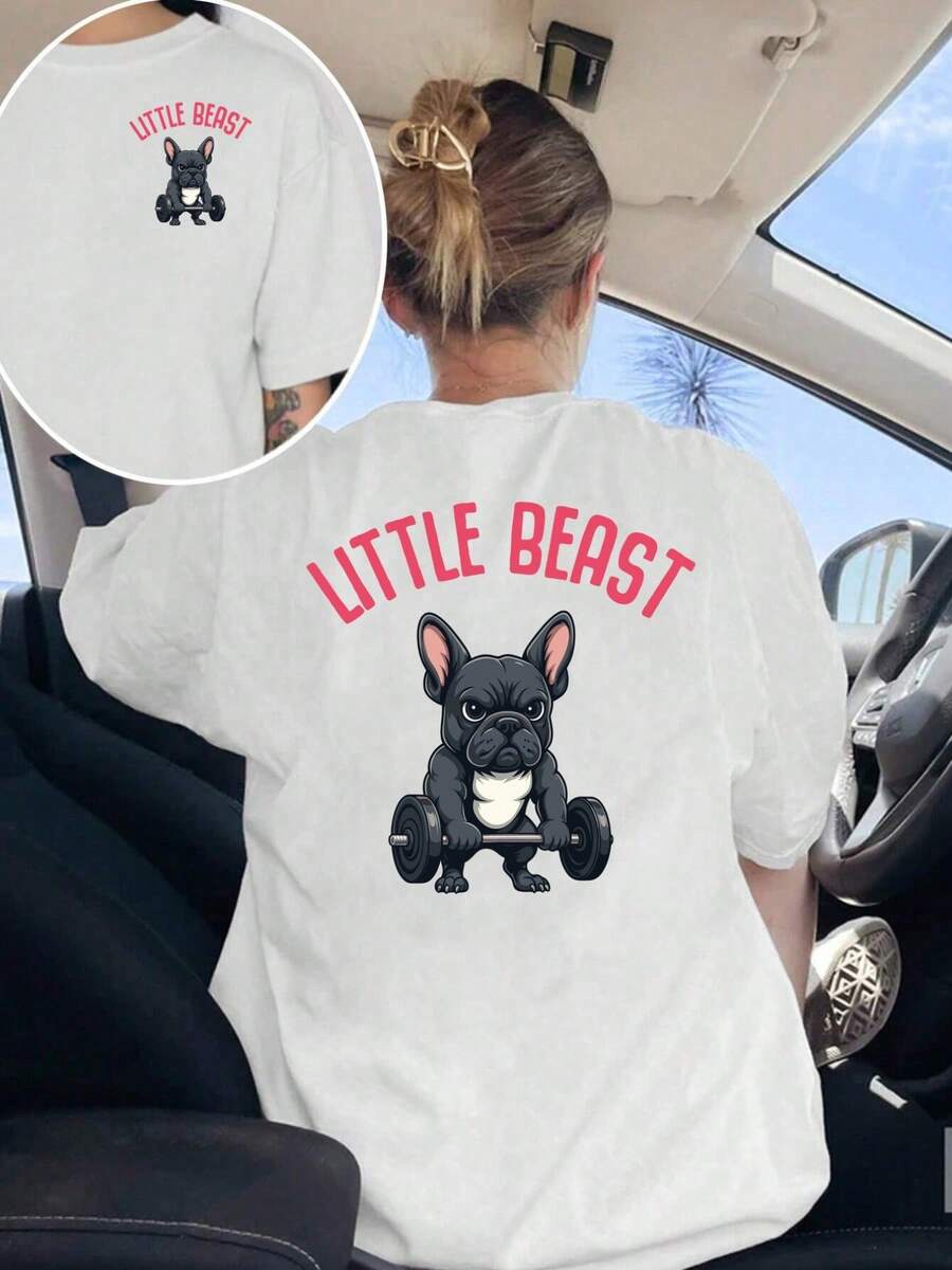 New 2026 Collection: Cotton T-Shirt With Front And Back Print, Featuring Small Beasts And French Bulldog Motifs, Round Neck, Short Sleeve, Casual Style For Women, Comfortable Fit, Classic Design, Fashion Item, Double-Sided Print Women's Top. - 白色 - 查看 1