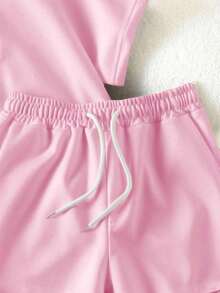 Conjunto casual diario de top de manga corta de cuello redondo de unicolor y shorts con cordón en la cintura para mujer - Rosa - Ver 4