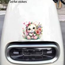 Pegatina de vinilo con un lindo conejo sosteniendo una flor - Pegatina brillante autoadhesiva, adecuada para motocicletas, ventanas, paredes - Forma asimétrica, adecuada para Pascua, diseño divertido, adecuada para compradores de regalos, organizadores de fiestas - 1 unidad - Ver 5