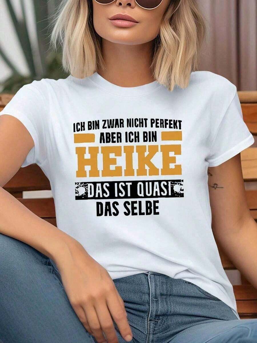 100% Cotton. One Classic And Versatile Piece, A Pure Cotton Cropped T-Shirt With Short Sleeves, Printed With The "I'm Not Perfect, But I'm Heike" Motif In Feminine German, A Modern Style. Women's Simple Solid Color T-Shirt, Loose And Slim Fit Casual Short Sleeve - 白色的 - 查看 1