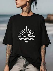Suave180G Whale Design T-Shirt, Cute Graphic T-Shirt For Women's Summer Outfit, Perfect Gift For Family And Friends, Ideal For Beach Days And Team Building Activities, And Comfortable For Daily Wear. - 黑色 - 查看 6