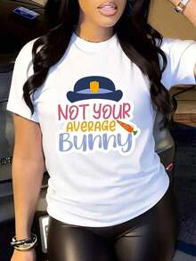 Women's Casual Cotton T-Shirt, Round Neck, Short Sleeve, With 'Not Your Average Bunny' Graphic Print, Regular Fit - 白色 - 查看 6
