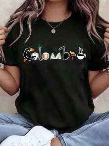 Women T Shirt Colombo Graphic Print Round Neck Short Sleeve Casual Summer Top Giftplayeras De Mujer - 黑色 - 查看 6