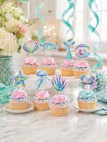 16pcs Ocean Themed Cupcake Toppers, Includes Watercolor Seashells, Starfish, Octopus, Turtles, Jellyfish Designs, Suitable For Ocean-Themed Baby Shower, Boys/Girls Ocean Birthday Party, Summer Tropical Party, Pool Party, Beach Party Decorations - A - View 2