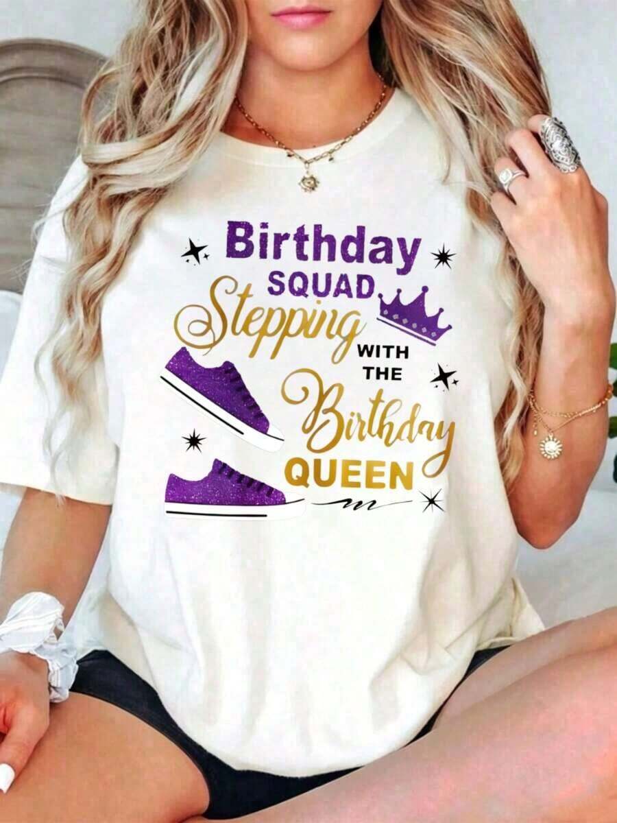 Women's Casual Style T-Shirt With "Birthday Stepping With The Birthday Queen" Graphic Print, Summer Party Gift For Friends - 白色 - 查看 1