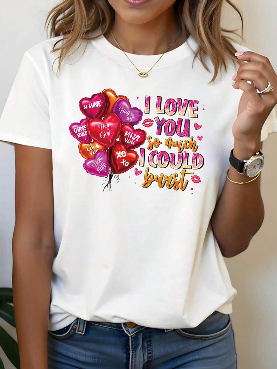 Women's T-Shirt With A Valentine's Day Theme And The Message "I Love You So Much It's About To Explode", With A Casual Short-Sleeved Design And Round Neck, Perfect For Everyday Wear, Holiday Gifts And Colorful Romantic Outings. - 白色 - 查看 1