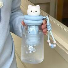 Cute Animal Plastic Water Cup With Tea Strainer & Lanyard, Pink/Blue Cat, Adorable Puppy 4 Styles, Built-In 3D Figurine Lid, Tea Strainer & Beaded Lanyard, Suitable For Students, Commuting, Short Trips, Transparent Cup Body With Adorable Printed Design, Great For Fruit Tea - Multicolor - View 9