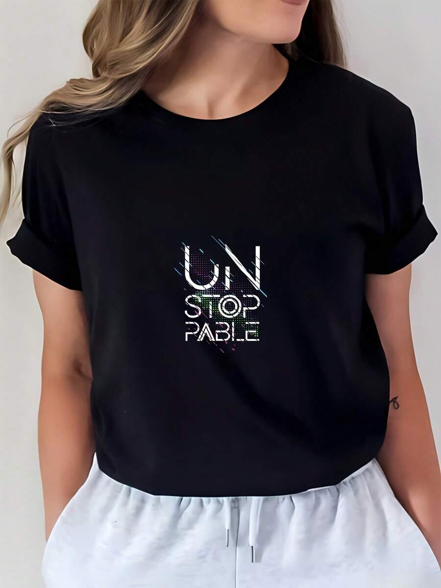 Camiseta estampada "Unstoppable", 180 gramos, suave y transpirable, adecuada para uso casual en reuniones familiares, una excelente opción de regalo de verano, unisex. - Negro - Ver 1