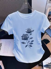 Black Rose Art Print - Y2K Style - Women's Small Size Slim Fit Solid Color T-Shirt, Casual And Sporty Style, With Detailed Pleats At Waist, Round Neck, Short Sleeves, Suitable For Four Seasons. - 白色2號 - 查看 6
