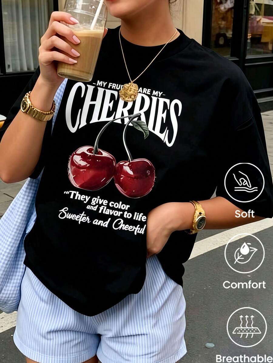 180g Made In Mexico, Spring/Summer 2026 Fashion Short Sleeve T-Shirt, Cartoon Print, Couple Style, Underwear/Outerwear, Casual Round Neck For Office, Unisex One Piece Top - 黑色 - 查看 1